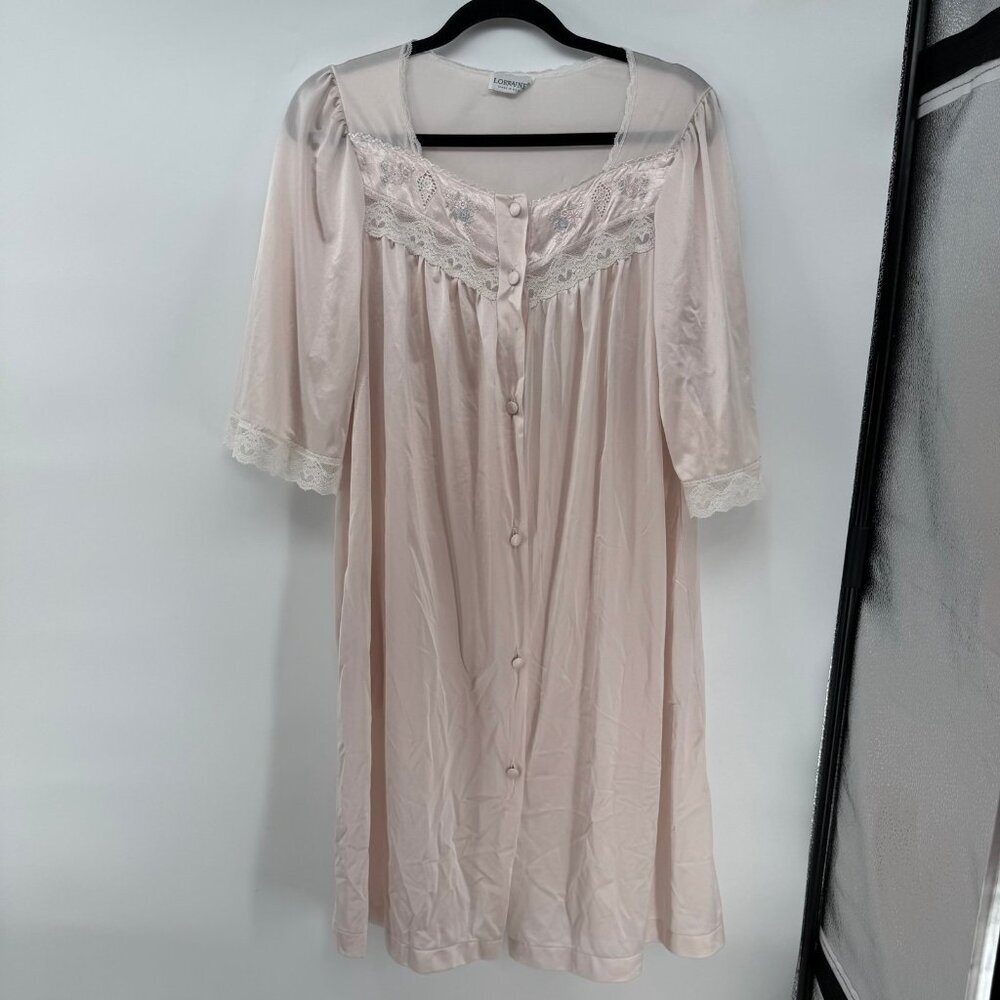 Vintage Lorraine Nightgown Pink Lace Button Front Made in USA